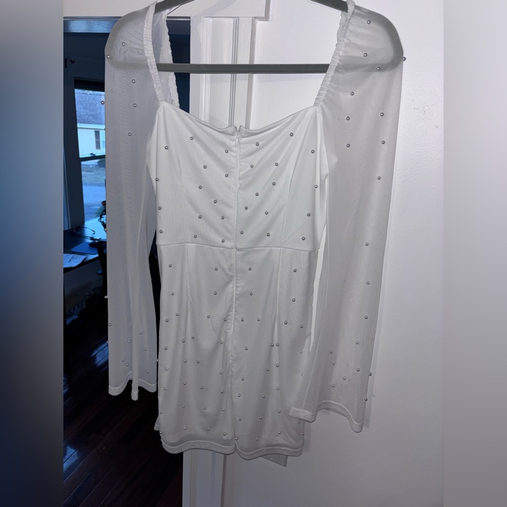 Lulu's White Rhinestone-Embellished Long-Sleeve Mini Dress